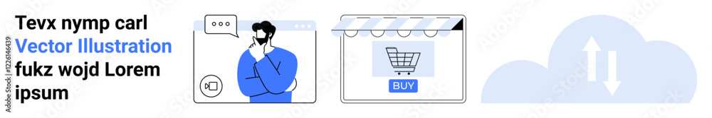 Man thinking with chat bubble, online storefront with shopping cart, and cloud synchronization. Ideal for e-commerce, technology, decision-making, marketing, innovation, networking flat landing page Man thinking with chat bubble, online storefront with shopping cart, and cloud synchronization. Ideal for e-commerce, technology, decision-making, marketing, innovation, networking flat landing page