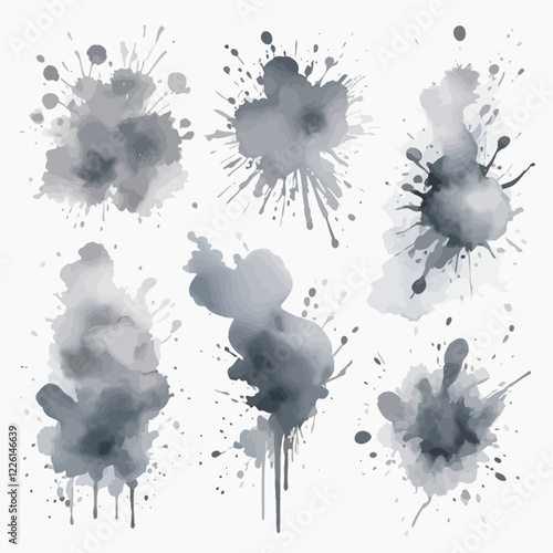 Set of abstract bright gray watercolor splashes on a white background. Vector watercolor texture in salad color. Ink paint brush stain. The bright gray dot bounced. Watercolor pastel splash