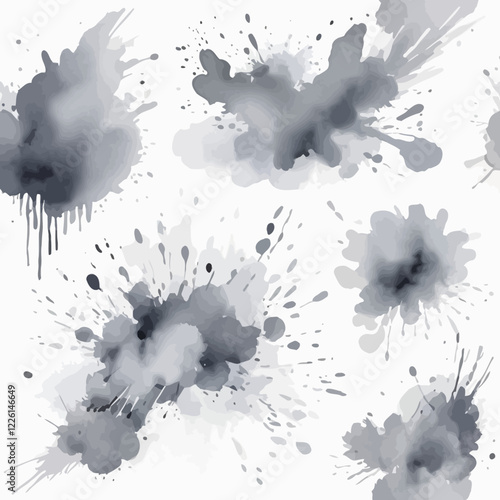 Set of abstract bright gray watercolor splashes on a white background. Vector watercolor texture in salad color. Ink paint brush stain. The bright gray dot bounced. Watercolor pastel splash