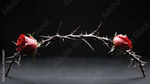 Crown of thorns with red roses, the symbolism of love and suffering.
