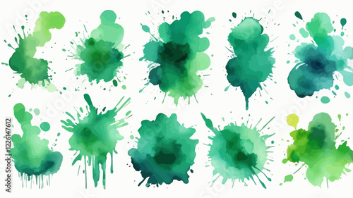 Set of abstract bright green watercolor water splashes on a white background. Vector watercolor texture in salad color. Ink paint brush stain. The bright green dot bounced. Watercolor pastel splash