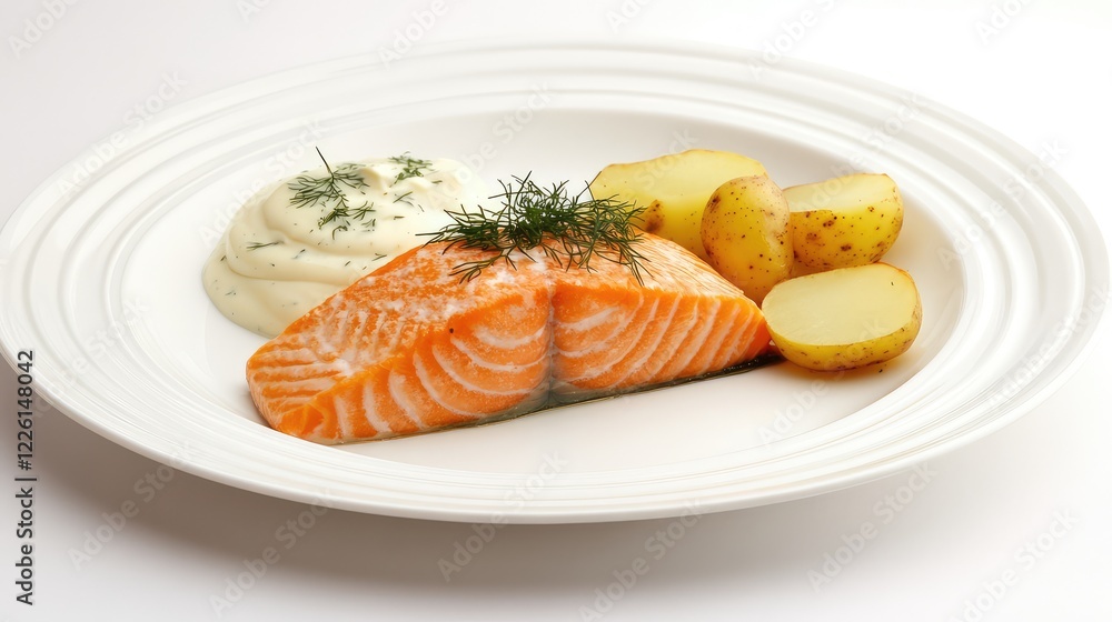 A clean white plate with Finnish oven-baked salmon, new potatoes, and dill sauce, surrounded by plenty of empty space. A clean white plate with Finnish oven-baked salmon, new potatoes, and dill sauce, surrounded by plenty of empty space.