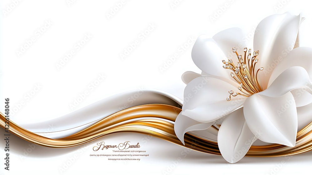 Elegant white flower with gold ribbon on white background. Elegant white flower with gold ribbon on white background.