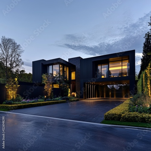 Contemporary modern house with a sleek, dark facade contrasted by a lush, green garden, beautifully illuminated in the evening light creating visual harmony.