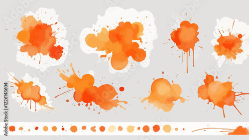 Set of abstract bright orange watercolor splashes on a white background. Vector watercolor texture in salad color. Ink paint brush stain. The bright orange dot splashed. Watercolor pastel splash