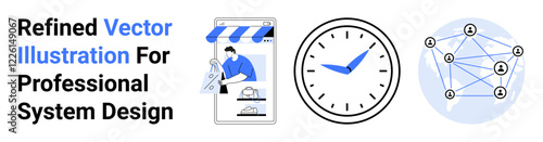 Designer sketching garment online, clock highlights punctuality, and node network represents communication. Ideal for technology, business, productivity, e-commerce, management, collaboration flat
