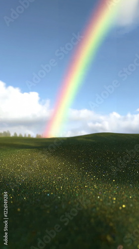 Vibrant rainbow arching over green hills under a bright blue sky with fluffy white clouds and shimmering grass reflecting sunlight in a serene outdoor landscape. photo