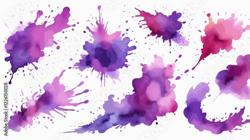 Set of abstract bright purple watercolor splashes on a white background. Vector watercolor texture in salad color. Ink paint brush stain. The bright purple dot jumped. Watercolor pastel splash