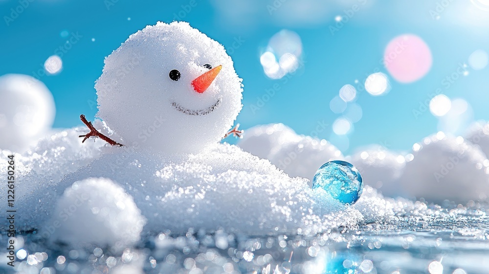 Obraz premium Smiling small snowman with a carrot nose sitting on fresh winter snow under a bright blue sunny sky.