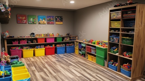 Colorful basement playroom with toys, storage, and wood floor