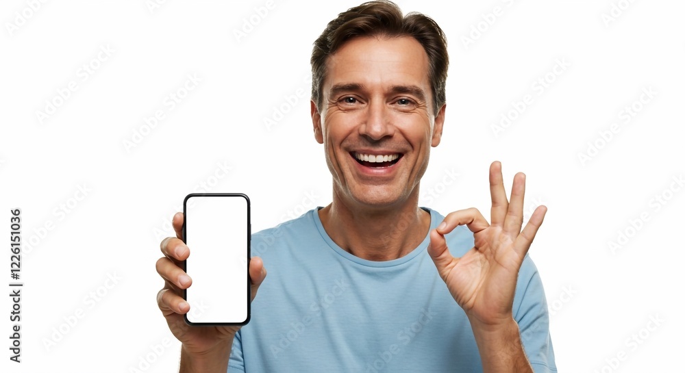 Handsome man showing smartphone in hand and OK gesture on white background
Handsome man showing smartphone in hand and OK gesture on white background