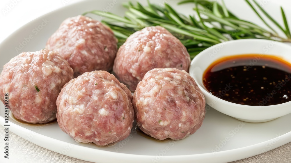 Fresh lamb meatballs cooked and placed on a white platter with dipping sauce, cleanly isolated for advertisements. Fresh lamb meatballs cooked and placed on a white platter with dipping sauce, cleanly isolated for advertisements.