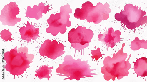 Set of abstract bright pink watercolor splashes on a white background. Vector watercolor texture in salad color. Ink paint brush stain. The bright pink dot bounced. Watercolor pastel splash