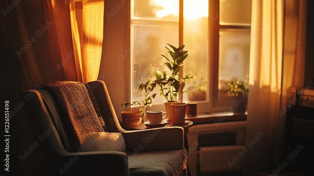 Fototapeta premium Cozy armchair, sunset window, plants, warm light, home interior, relaxation, tranquility, morning coffee, hygge