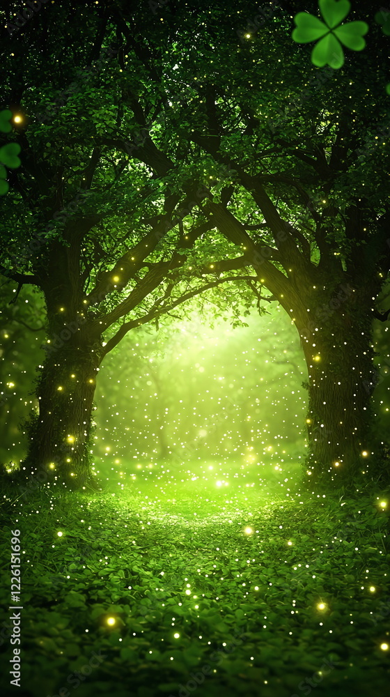 Fototapeta premium Lush green forest illuminated by soft glowing lights and surrounded by vibrant foliage, creating a serene and enchanting atmosphere with a magical quality.