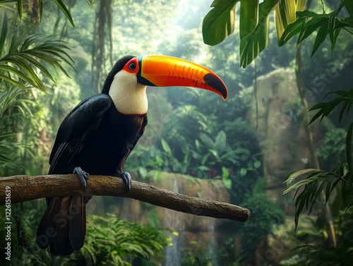 A striking toucan with a vivid orange beak rests on a branch, set against a backdrop of lush green foliage in a tranquil rainforest setting, exuding exotic beauty.
