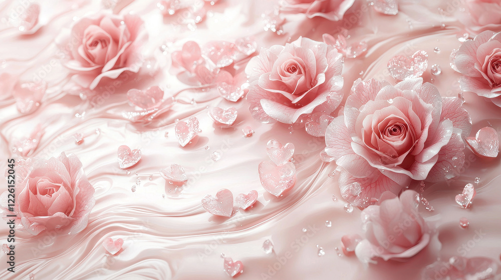 Delicate pink roses with heart-shaped petals and sparkling droplets set against a soft, wavy background create a romantic and enchanting atmosphere perfect for celebrations Delicate pink roses with heart-shaped petals and sparkling droplets set against a soft, wavy background create a romantic and enchanting atmosphere perfect for celebrations