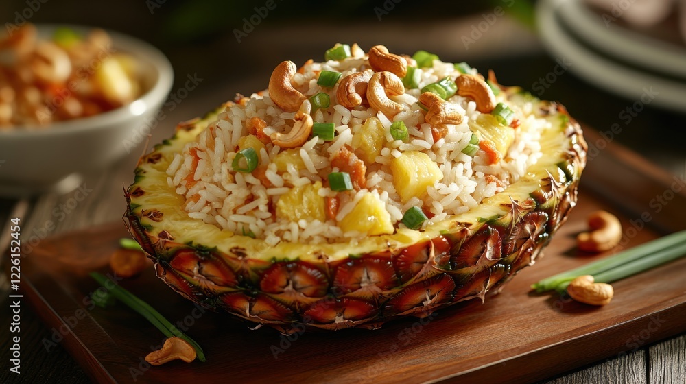 Colorful Pineapple fry Rice Bowl with Cashews and Fresh Vegetables Colorful Pineapple fry Rice Bowl with Cashews and Fresh Vegetables