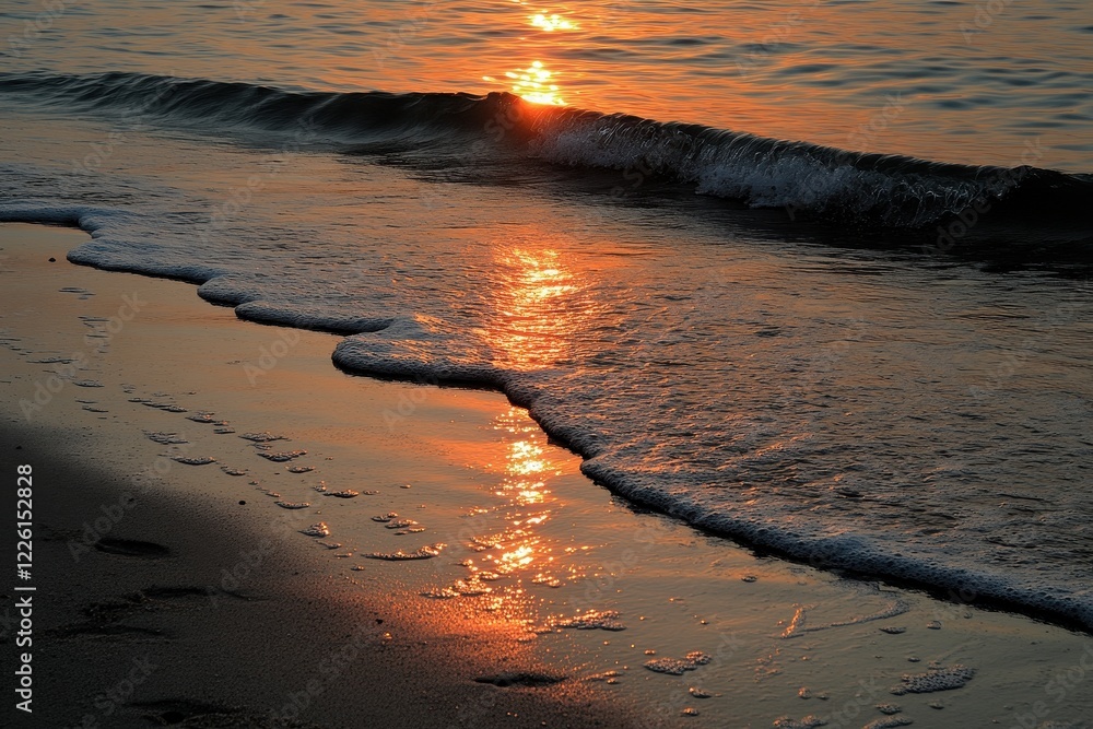 Fototapeta premium Serene Sunset Over Tranquil Ocean Waves Reflecting Golden Light on Sandy Shore Creating a Peaceful Coastal Scene for Relaxation and Inspiration