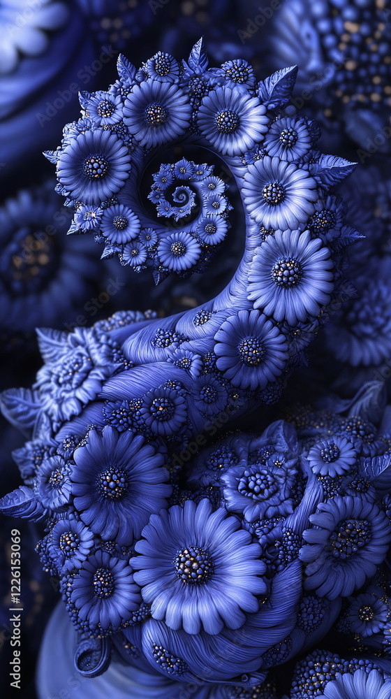 Intricate blue floral patterns spiraling beautifully, showcasing a mesmerizing mix of flowers and swirling shapes against a deep blue background, creating a captivating design. Intricate blue floral patterns spiraling beautifully, showcasing a mesmerizing mix of flowers and swirling shapes against a deep blue background, creating a captivating design.