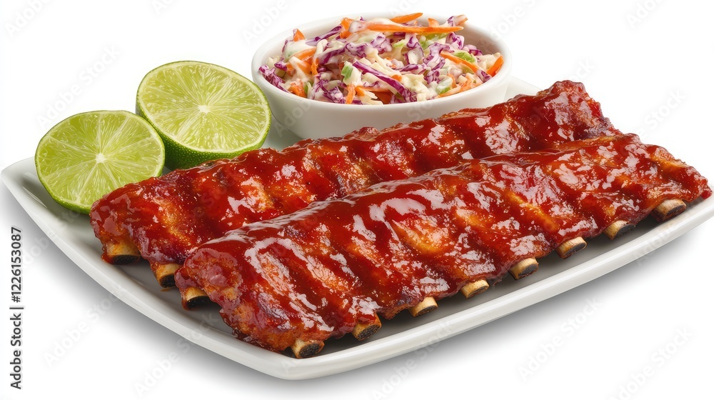 Ribs glazed with honey barbecue sauce, served with coleslaw and a slice of lime, arranged for ample copy space. Ribs glazed with honey barbecue sauce, served with coleslaw and a slice of lime, arranged for ample copy space.