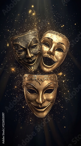 Golden theatrical masks against a dark background with sparkling effects, representing drama, comedy, and theatrical performance art in a captivating design. photo