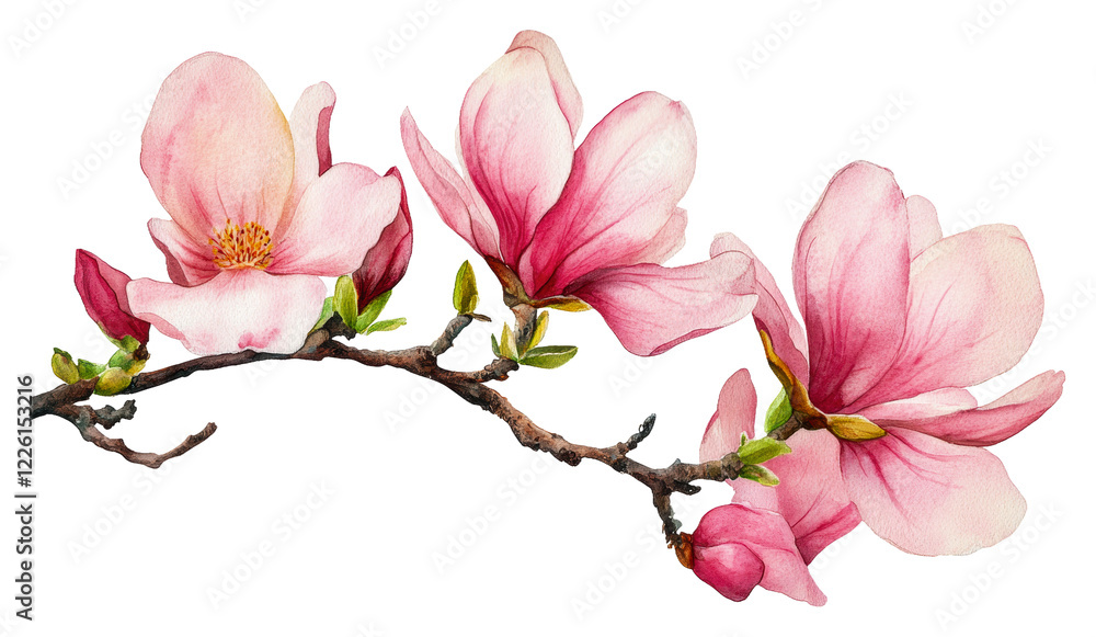 Naklejka premium Beautiful magnolia blossoms on a delicate branch isolated on transparent background
