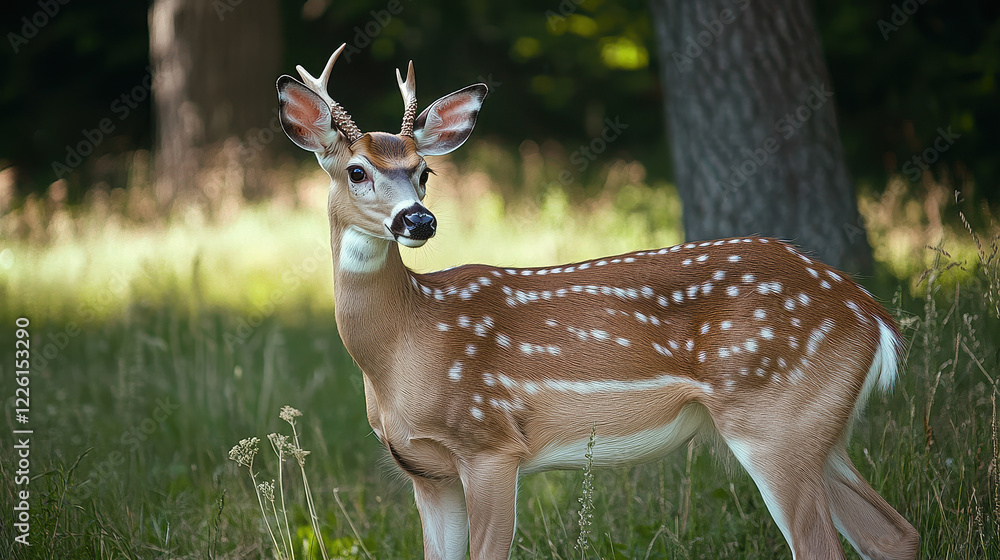 Spotted fawn gazing curiously in a serene forest clearing during a sunny afternoon Spotted fawn gazing curiously in a serene forest clearing during a sunny afternoon