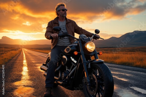 A person riding a motorcycle on the road wearing a leather jacket and sunglasses photo