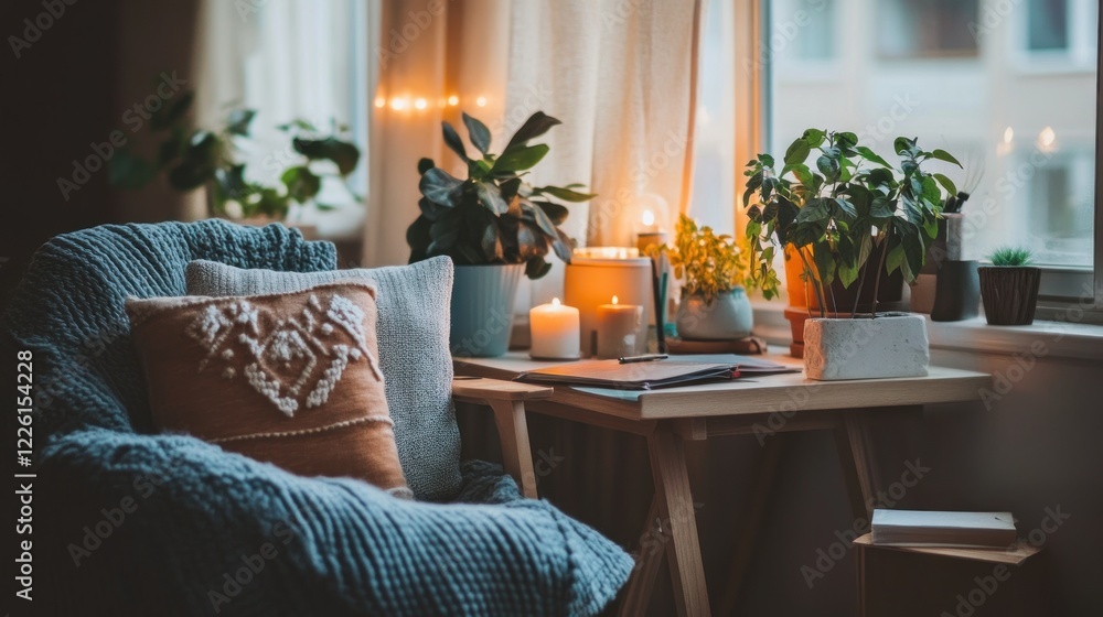 Fototapeta premium Cozy armchair, candles, plants, window, home relaxation