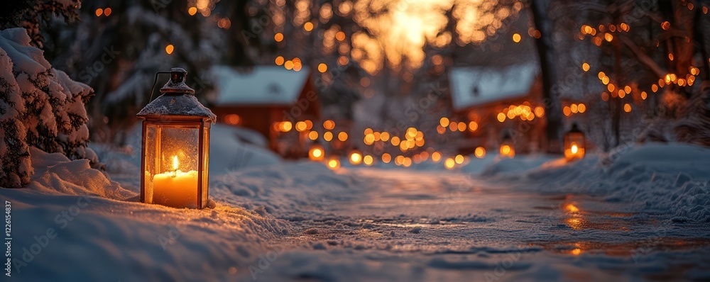 Winter Wonderland: Enchanting Lantern Light in Snowy Path Winter Wonderland: Enchanting Lantern Light in Snowy Path