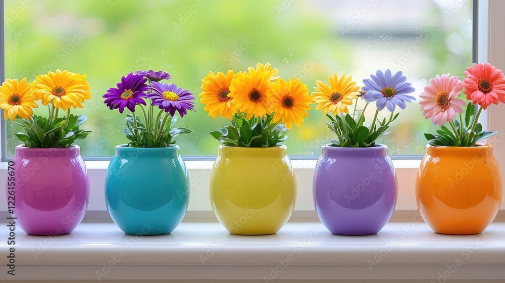 custom made wallpaper toronto digitalColorful gerbera daisies in pots on windowsill, garden view