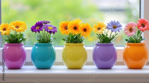 Wallpaper Mural Colorful gerbera daisies in pots on windowsill, garden view Torontodigital.ca