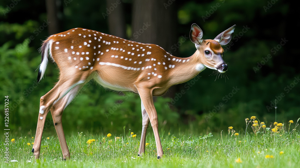 Young white-tailed deer spotted in a lush green forest during the spring season, gracefully wandering among wildflowers and enjoying the tranquility of nature Young white-tailed deer spotted in a lush green forest during the spring season, gracefully wandering among wildflowers and enjoying the tranquility of nature