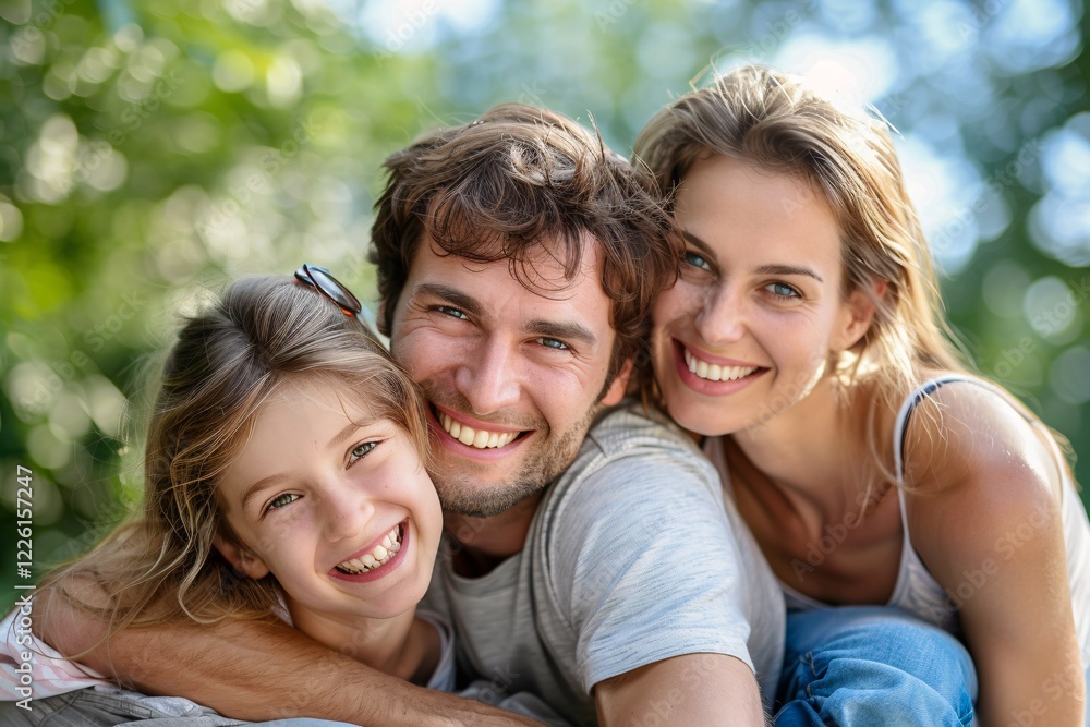 Happy family with one child smiling and embracing outdoors in a park Happy family with one child smiling and embracing outdoors in a park