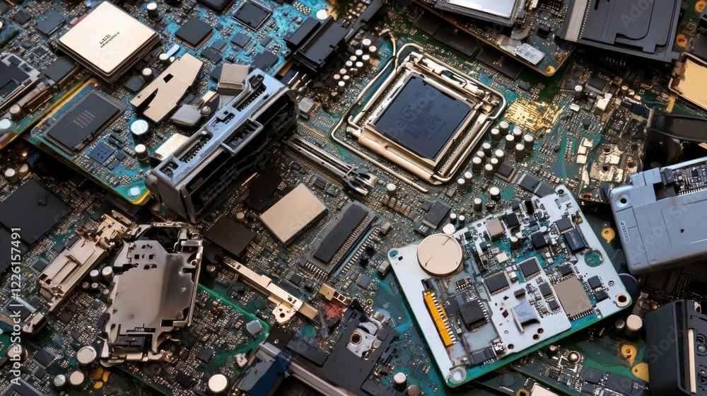 Close-up of intricate circuit board components and electronic elements, detail view of technology hardware parts Close-up of intricate circuit board components and electronic elements, detail view of technology hardware parts