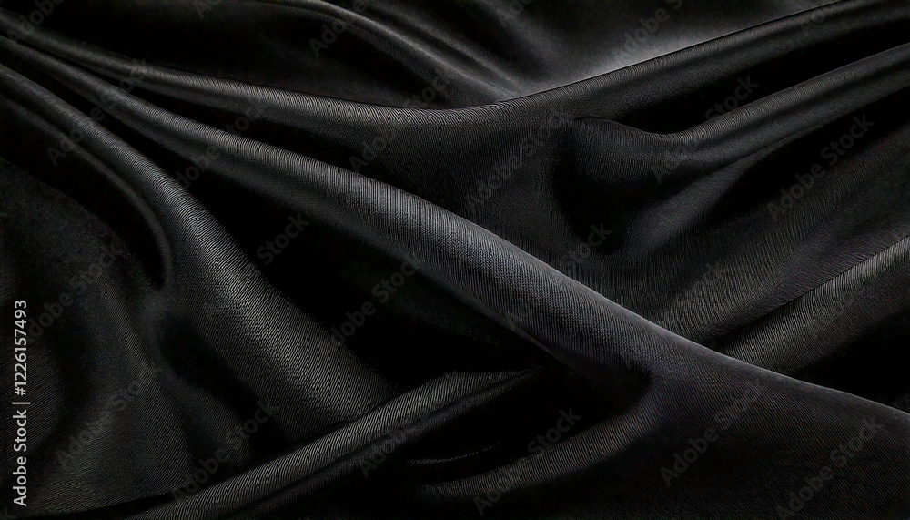 Obraz premium Black Satin Fabric Close-Up,Close-up of black satin fabric with smooth, flowing folds and a glossy finish.