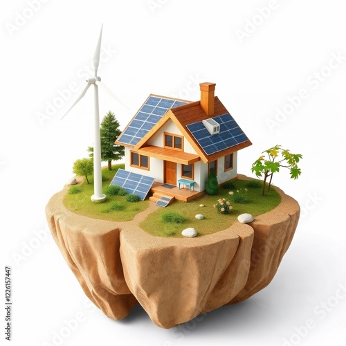 Sustainable home with solar panels and wind turbine photo