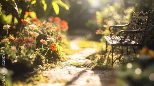 Serene Garden Bench at Sunrise A Peaceful Oasis photo