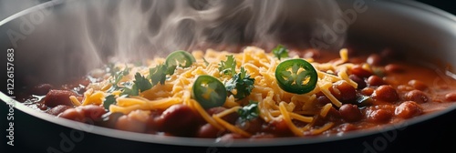 Wallpaper Mural Close up of steaming chili pot with beans cheese and jalapenos in a cozy kitchen setting Torontodigital.ca