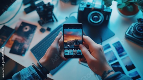 Mobile photo editing, desk, sunset, tech, workflow