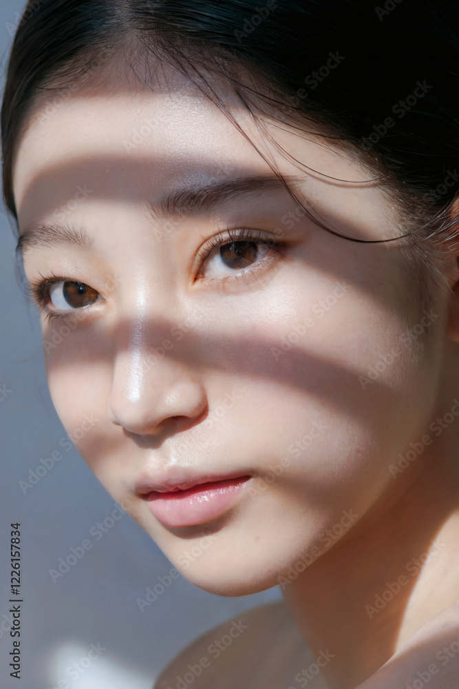 Fototapeta premium クリアで透明感のある日本人女性の素肌、表情のクローズアップ 