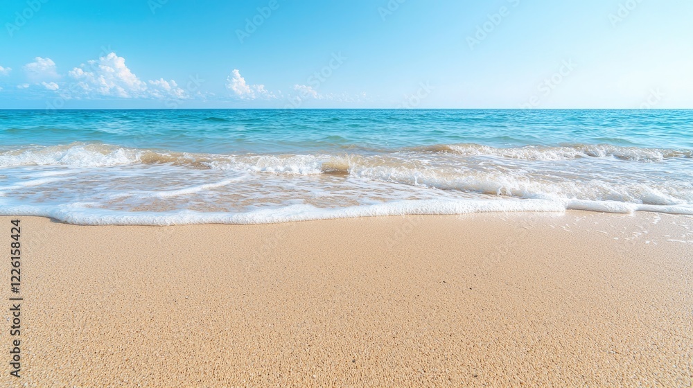 Calm ocean waves on sandy beach, sunny sky. Ideal for travel, vacation brochures Calm ocean waves on sandy beach, sunny sky. Ideal for travel, vacation brochures