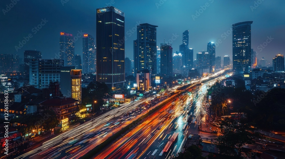 Night Lights of Jakarta: A mesmerizing cityscape at twilight, where skyscrapers pierce the night sky, reflecting in the vibrant trails of city traffic below. Night Lights of Jakarta: A mesmerizing cityscape at twilight, where skyscrapers pierce the night sky, reflecting in the vibrant trails of city traffic below.