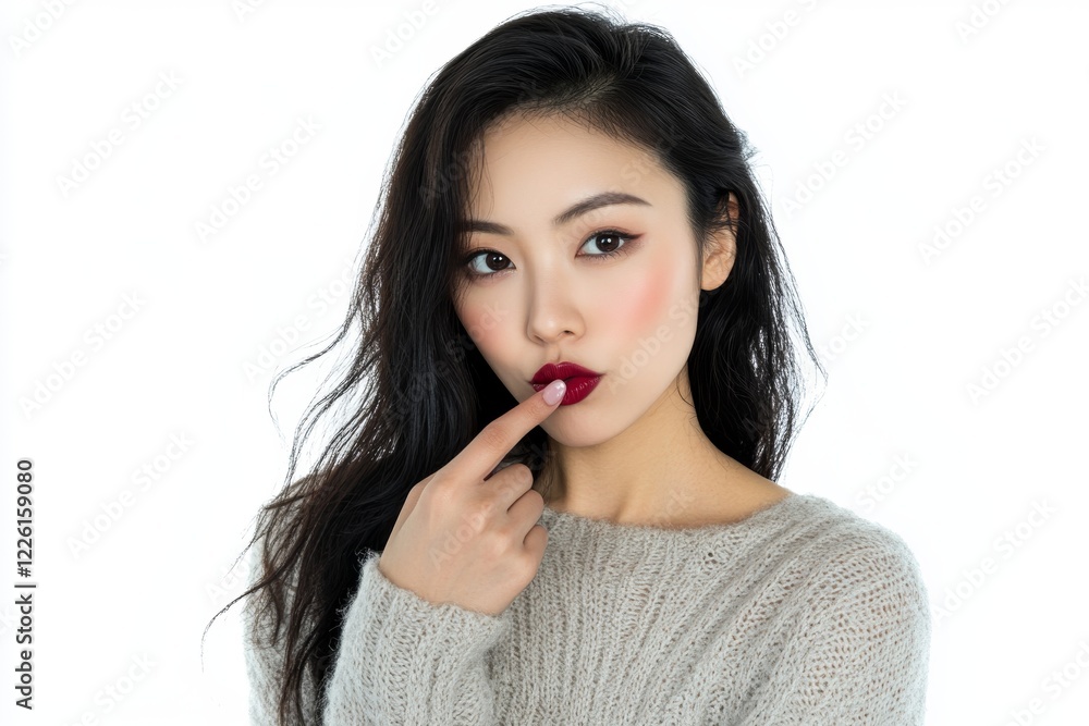 A young woman with long, wavy hair, wearing a cozy sweater and striking a playful pose, highlights her bold red lips against a minimalist background. A young woman with long, wavy hair, wearing a cozy sweater and striking a playful pose, highlights her bold red lips against a minimalist background.