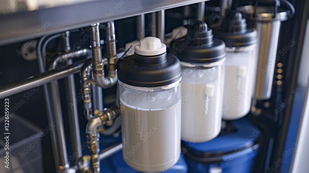 Industrial water purification system filling plastic containers with filtered water Industrial water purification system filling plastic containers with filtered water