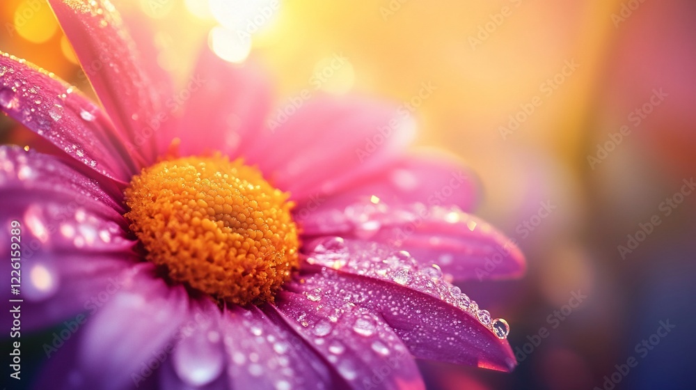 Obraz premium Close-up of a pink daisy with dew drops glistening in warm sunlight creating a bokeh effect