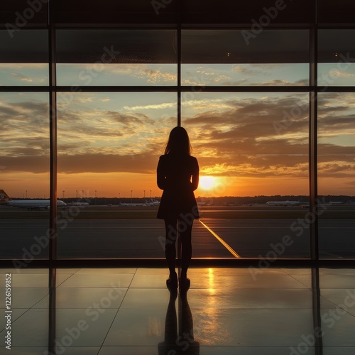 A silhouette of a traveler stands quietly at an airport window watching a stunning sunset, with planes visible on the tarmac outside, epitomizing travel and adventure. photo