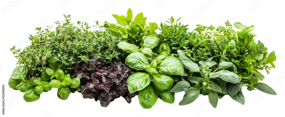 Obraz premium Fresh assortment of herbs and greens for cooking isolated on transparent background