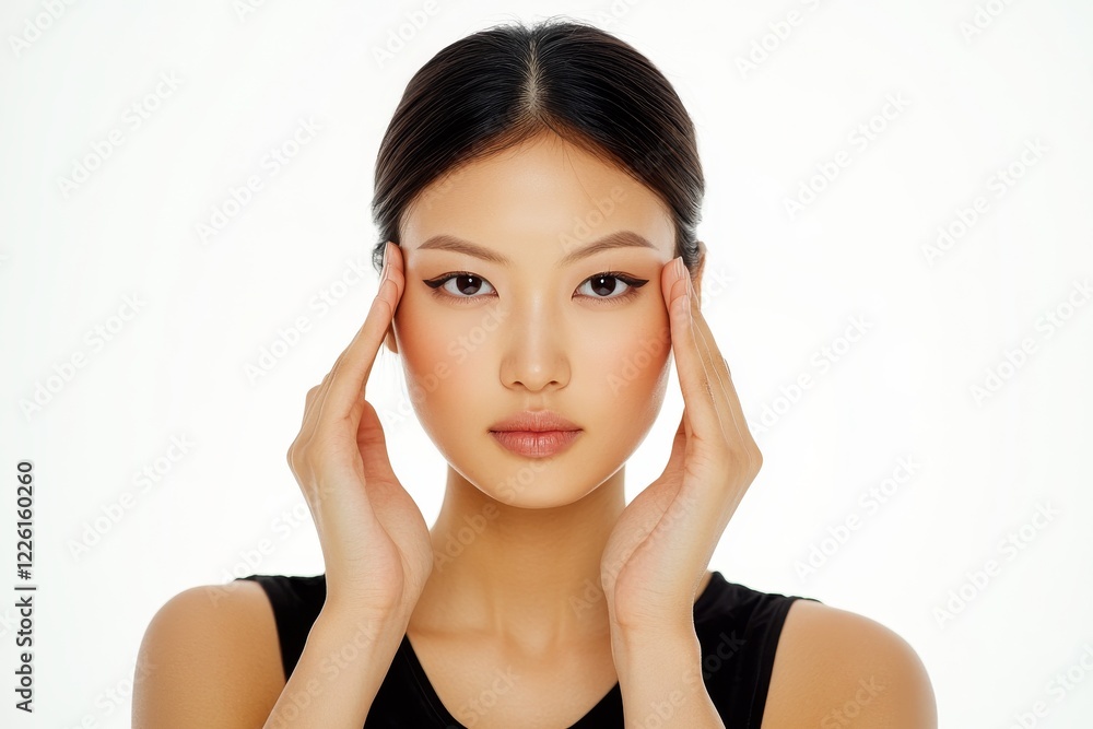 A woman with smooth skin and elegant makeup gently touches her temples, conveying a sense of calm, beauty, and self-care.